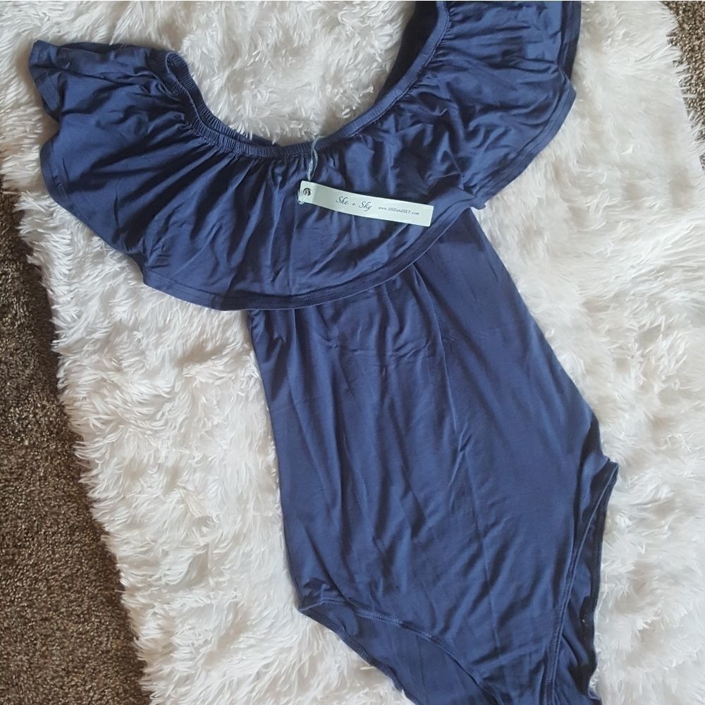 She and Sky Bodysuit New Blue Ruffle Top Womens Size Small